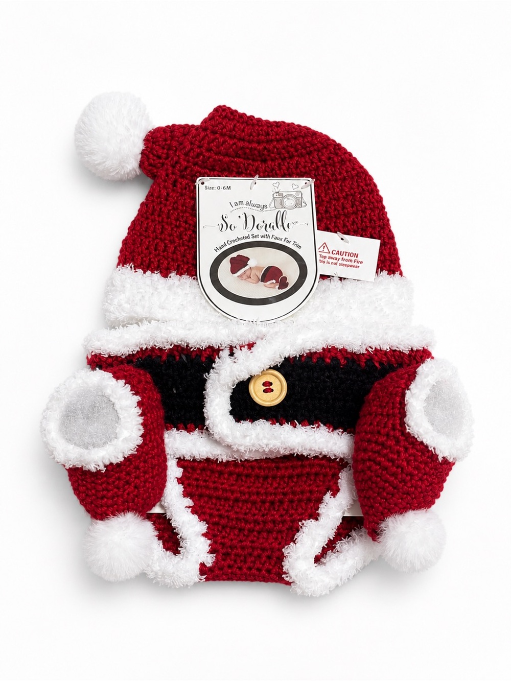 So Dorable Crochet Baby Santa Outfit 3 Pc Set Hat Booties Diaper Cover